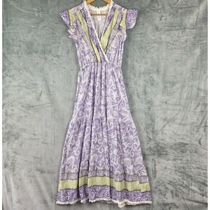 Womens Dress Small Medium Boho Chic Maxi Tiered Floral Fringe Festival Peasant